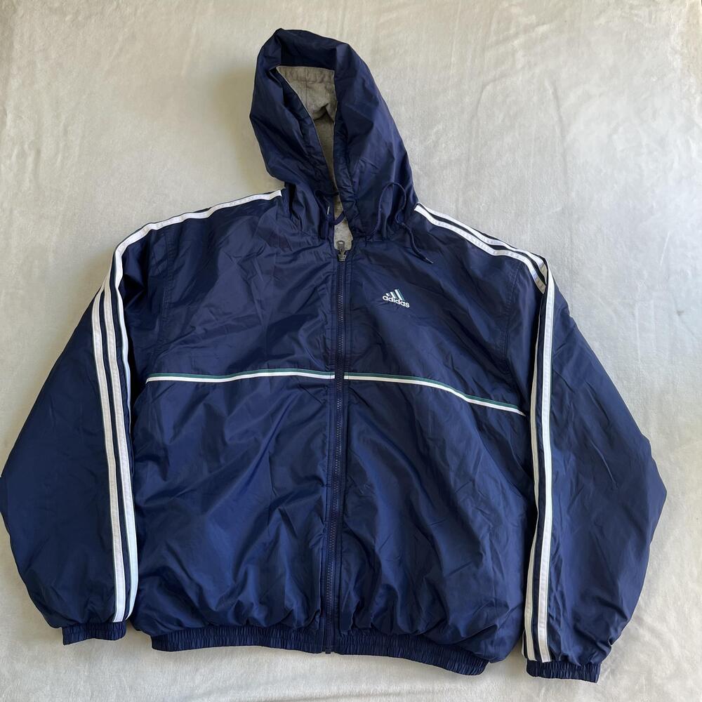 Vintage Adidas Jacket Mens Large Blue Hooded Reversible Windbreaker 3 Stripes